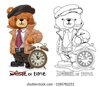 Ilustración vectorial dibujada a mano del oso de peluche en traje con un reloj de vintage grande. Libro o página de color