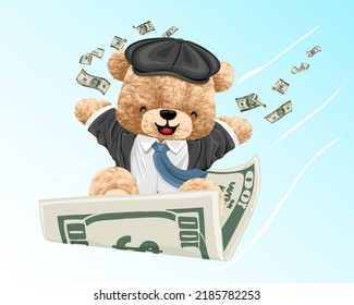 Hand drawn vector illustration of teddy bear in suit fly on money