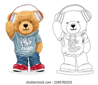 Hand drawn vector illustration of teddy bear in hip hop style with headphones. Coloring book or page