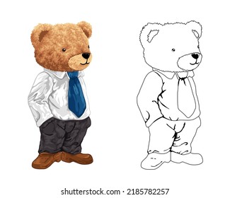 Hand drawn vector illustration of teddy bear in suit. Coloring book or page