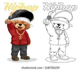 Hand drawn vector illustration of teddy bear in hip hop style holding microphone. Coloring book or page