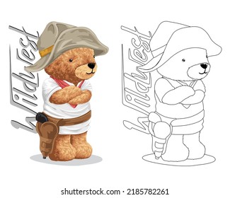 Dibujo manual de ilustraciones vectoriales de oso de peluche con traje de vaquero. Libro o página de color