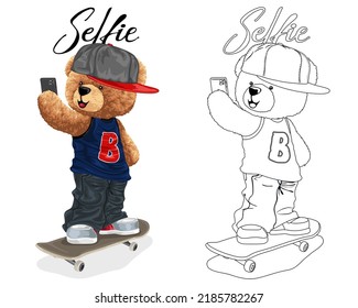 Dibujo manual de ilustraciones vectoriales de oso de peluche en patineta tomando selfie con smartphone. Libro o página de color