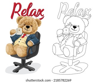 Ilustración vectorial dibujada a mano de oso de peluche con traje en silla beber café. Libro o página de color