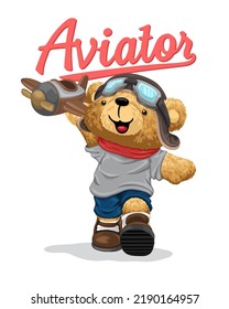 Hand drawn vector illustration of teddy bear in aviator costume playing toy plane