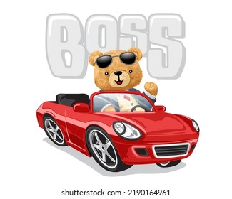 Hand drawn vector illustration of teddy bear in suit on car