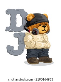 Hand drawn vector illustration of teddy bear in DJ style with headphones