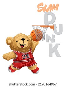 Hand drawn vector illustration of teddy bear playing basketball