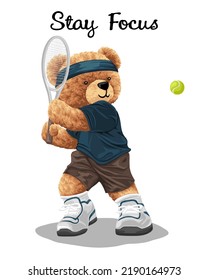 Hand drawn vector illustration of teddy bear playing tennis