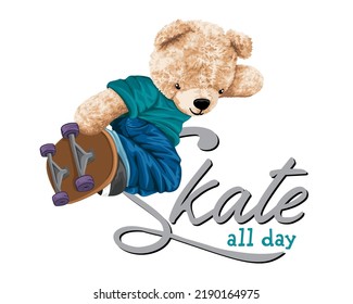 Hand drawn vector illustration of teddy bear play skateboard