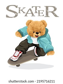 Hand drawn vector illustration of teddy bear on skateboard