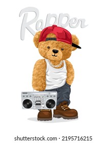 Hand drawn vector illustration of teddy bear in rapper style with vintage tape recorder svg