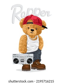 Hand drawn vector illustration of teddy bear in rapper style with vintage tape recorder