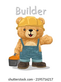 Hand drawn vector illustration of teddy bear in builder costume with tool box