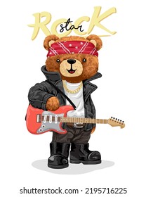 Hand drawn vector illustration of teddy bear in rocker style with electric guitar