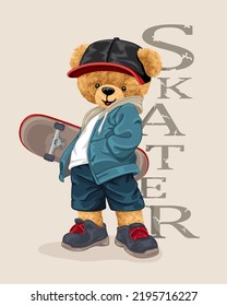 Hand drawn vector illustration of teddy bear in urban style holding skateboard svg