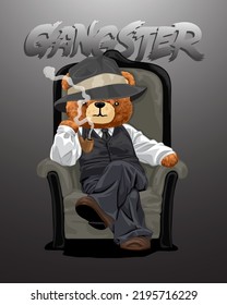 Hand drawn vector illustration of teddy bear in gangster style sitting on throne with tobacco pipe