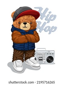 Hand drawn vector illustration of teddy bear in hip hop style with vintage tape recorder