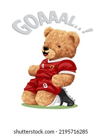 Hand drawn vector illustration of teddy bear celebrating goal in soccer game