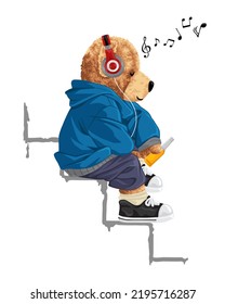 Ilustración vectorial dibujada a mano de oso de peluche disfrutar de la música con auriculares mientras sostiene el refresco