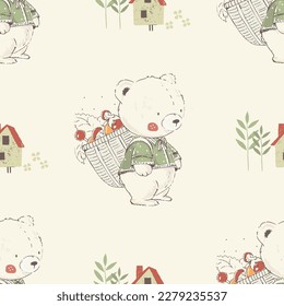 Hand drawn vector illustration with a  Teddy Bear  carrying a basket of apples on his back.