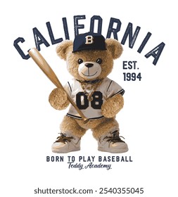 Hand drawn vector illustration of teddy bear playing baseball.Vector cartoon illustration, teddy bear playing baseball.strikeout slogan with cool bear doll in baseball jersey uniform vector, artwork.