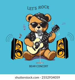 Ilustración vectorial dibujada a mano de osito de peluche en estilo rockero con guitarra eléctrica