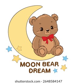 Hand drawn vector illustration of teddy bear sitting on the moon with stars