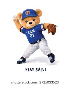 Handgezeichnete Vektorgrafik von Teddybär, der Baseball spielt.Vektorgrafik, Teddybär, der Baseball spielt.auffälliger Slogan mit cooler Bärenpuppe in Baseball-Jersey, einheitlicher Vektor, Grafik.auffälliger Slogan mit Bärenpuppe, Baseball-Hitvektorgrafik