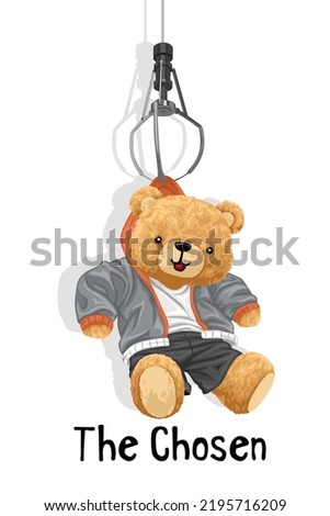 Hand drawn vector illustration of teddy bear gripping by claw machine