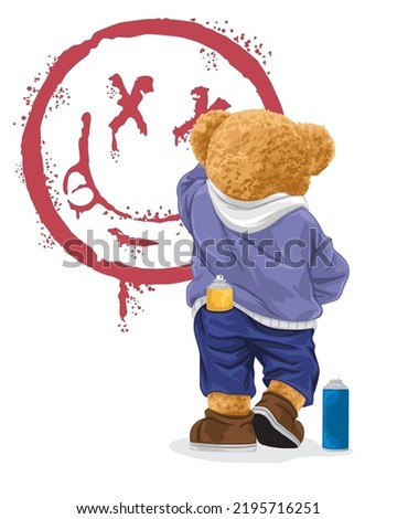Hand drawn vector illustration of teddy bear painting smile symbol in wall with spray paint