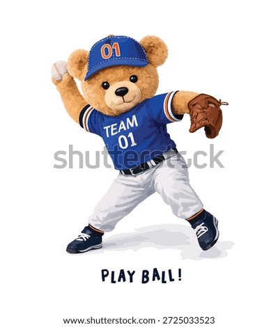 Hand drawn vector illustration of teddy bear playing baseball.Vector cartoon illustration, teddy bear playing baseball.strikeout slogan with cool bear doll in baseball jersey uniform vector, artwork.Strike slogan with bear doll baseball hitter vector illustration