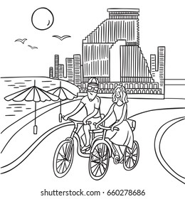 Hand drawn vector illustration of Tel Aviv skyline on the sea bank with a couple riding bikes in summer clothes. Colouring book page, sketch style, outline, contour drawing.

