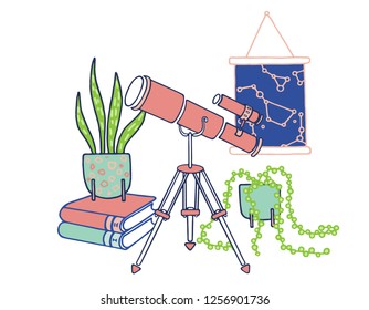 Hand drawn vector illustration with telescope in interior. Isolated cartoon illustration of vintage optical instrument, houseplants, books and poster.
