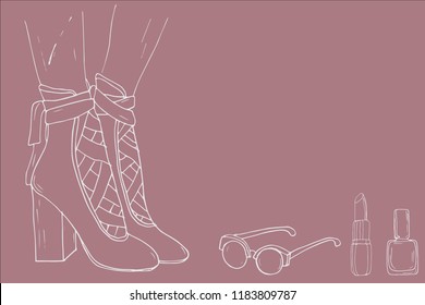 Hand drawn vector illustration. Template. High-heeled shoes, glasses, lipstick, lacquer.