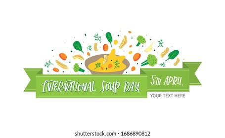 Handgezeichnete Vektorillustration-Illustration Vorlage für Hühnersuppe mit Gemüse in doodle Cartoon flach Design Stil. Phrase International Soup Day im April. Festtagsfeier.