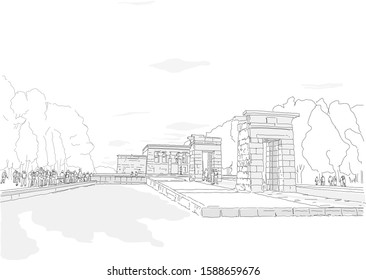Hand drawn vector illustration. The Temple of Debod (Templo de Debod), an ancient Egyptian temple transported to Madrid Spain.