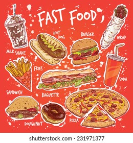 Hand drawn vector illustration of ten common fast food products.