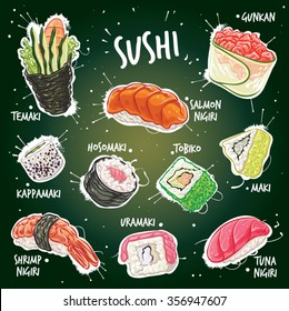 Hand drawn vector illustration of ten popular Sushi types with different ingredients and presentation. 