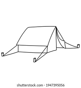 Handgezeichnete Vektorgrafik eines Zeltes im Doodle-Stil auf weißem Hintergrund. Einziger schwarzer Umriss. Camping- und Tourismusausrüstung.	
