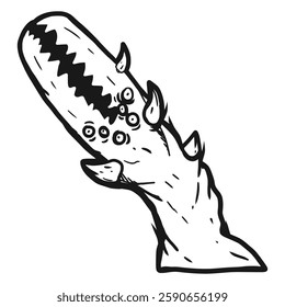 hand drawn vector illustration of a terrifying sand monster with numerous fangs, multiple eyes, and a large mouth.