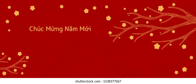 Hand drawn vector illustration for Tet with yellow apricot or peach tree branch, Vietnamese text Happy New Year, golden on red background. Flat style design. Concept for holiday card, poster, banner.