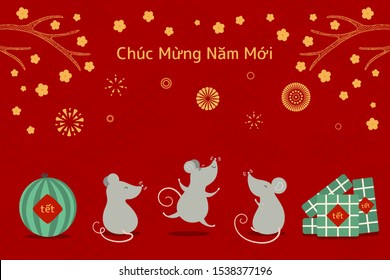 Hand drawn vector illustration for Tet with cute rats, rice cakes, watermelon, apricot flowers, fireworks, Vietnamese text Happy New Year. Flat style design. Concept for holiday card, poster, banner.