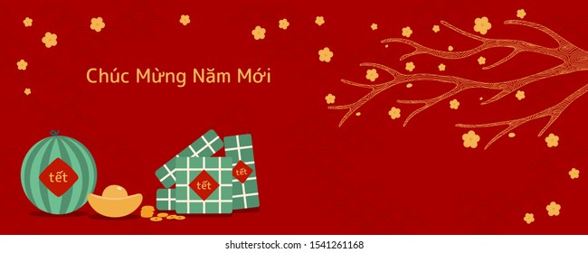 Hand drawn vector illustration for Tet with rice cakes, gold, watermelon, apricot flowers, Vietnamese text Happy New Year, on red background. Flat style design. Concept holiday card, poster, banner.