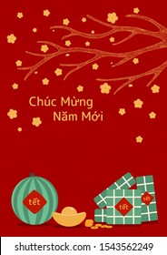 Hand drawn vector illustration for Tet with rice cakes, gold, watermelon, apricot flowers, Vietnamese text Happy New Year, on red background. Flat style design. Concept holiday card, poster, banner.