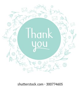 Hand drawn vector illustration with the text " thank you" and a floral frame.