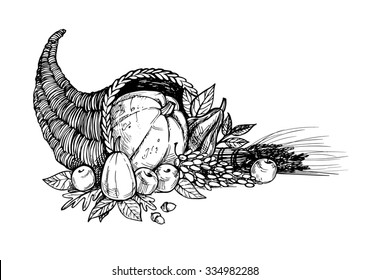 Hand drawn vector illustration - Thanksgiving day. Cornucopia