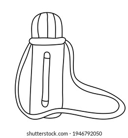 Ilustración vectorial dibujada a mano de una botella termo para hacer senderismo en estilo doodle sobre fondo blanco. Esquema negro aislado.  Equipo de camping y turismo.