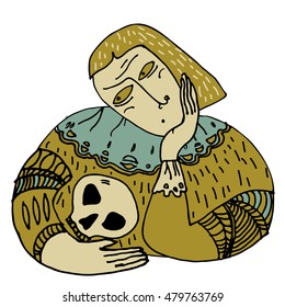 Hand drawn vector illustration of thinking prince Hamlet with skull. To be or not to be, that is the question. On white background.