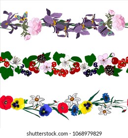 Hand drawn vector illustration three seamless flower border for decoration